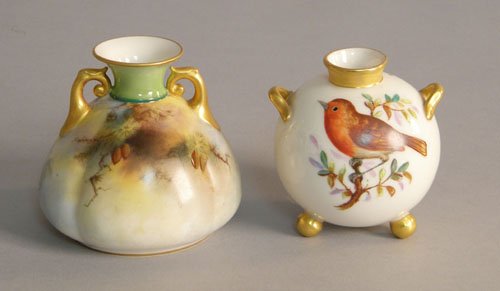 Two Royal Worcester vases with painted bird decor: Two Royal Worcester vases with painted bird decoration, 3 1/4'' h.