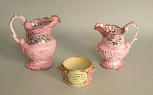 Two pink luster pitchers, 19th c., together with