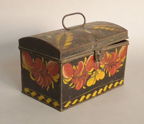 Tole decorated dome lid document box with vibrant: Tole decorated dome lid document box with vibrant red and yellow floral decoration, 19th c., 9 1/2 l.