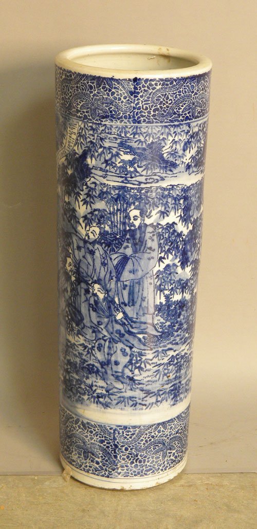 Japanese Imari umbrella stand, ca. 1910, with lan: Japanese Imari umbrella stand, ca. 1910, with landscape of gentlemen in a bamboo forest, 24'' h.