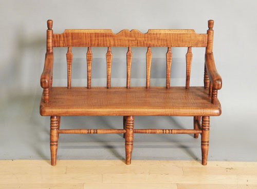 Tiger maple doll settee, early/mid 20th c., 21'' h: Tiger maple doll settee, early/mid 20th c., 21'' h., 28'' w.