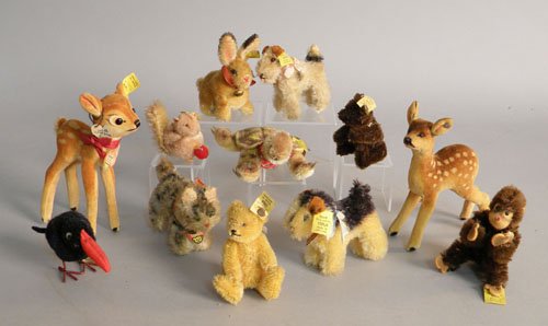 Group of 12 small Steiff animals, most with origi: Group of 12 small Steiff animals, most with original tags and buttons, including Bambi, turtle, two Scotties, monkey, parrot, etc.