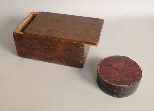 Pine slide lid candle box, 19th c., together with: Pine slide lid candle box, 19th c., together with pantry box with lid having pained scene of a young couple, 6 1/2'' dia.