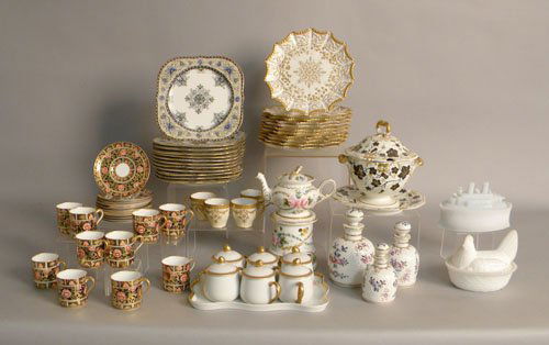 Group of miscellaneous porcelain including perfum: Group of miscellaneous porcelain including perfume bottles, custard cups, Spode demitasse set, Worcester plates, etc.