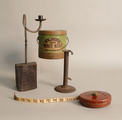 Iron rush light/candleholder, tin hogscraper, tin