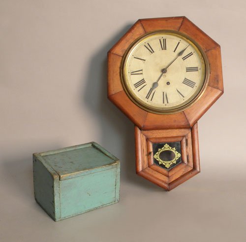Ansonia wall clock, together with a green salt bo: Ansonia wall clock, together with a green salt box.