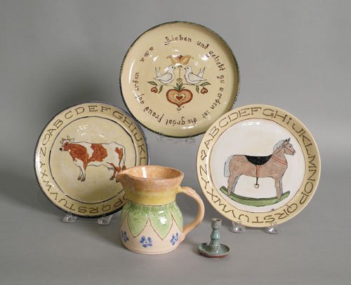 Five pcs. of left hand Russell Henry pottery, lar: Five pcs. of left hand Russell Henry pottery, largest plate - 9'' dia.