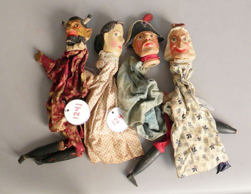 Four carved wood hand puppets, early 20th c., 14': Four carved wood hand puppets, early 20th c., 14'' h.