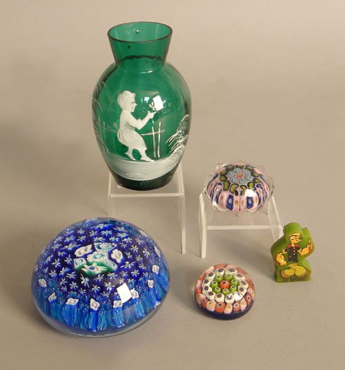 Three paperweights, 20th c., largest is Murano VM: Three paperweights, 20th c., largest is Murano VMI, together with green enameled vase, 4 1/2" h., and a Popeye bakelite pencil sharpener.