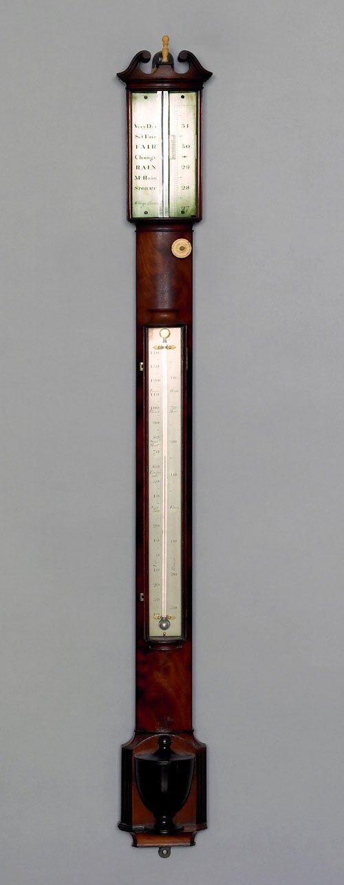 English mahogany bowfront stick barometer, ca. 1: English mahogany bowfront stick barometer, ca. 1800, inscribed M. Berge London, 39'' h.
