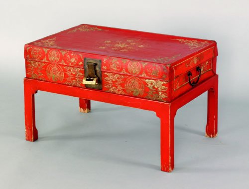 Chinese red lacquer scroll chest on frame, 18'' 