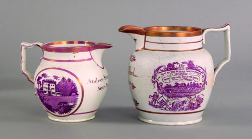 Two pearlware luster pitchers, early 19th c., i: Two pearlware luster pitchers, early 19th c., inscribed Sarah Ford 1819 and Andrew Stevens Gulval Near Penzance, 7'' h., 5 1/2'' h.