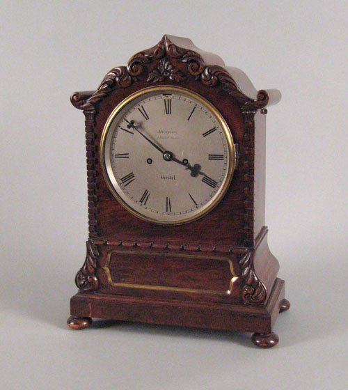 English mahogany bracket clock, ca. 1835, signe: English mahogany bracket clock, ca. 1835, signed Mustan 1 Small Street Bristol, 18 1/2'' h.