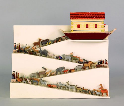 Painted Noah's Ark, late 19th c., with nineteen: Painted Noah's Ark, late 19th c., with nineteen human figures and approximately one hundred thirty-six animals.