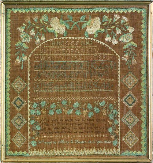 New England silk on linen sampler dated 1822, w: New England silk on linen sampler dated 1822, wrought by Mary Dexter, 17 1/2'' x 16 1/2''.