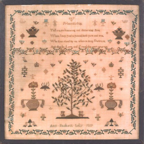 English silk on linen sampler dated 1819, wroug: English silk on linen sampler dated 1819, wrought by Ann Hackett, 14'' x 14''.
