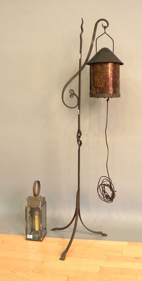 Floor standing iron lamp with mica shade, 59'' h.,: Floor standing iron lamp with mica shade, 59'' h., together with a tin lantern, 15'' h.