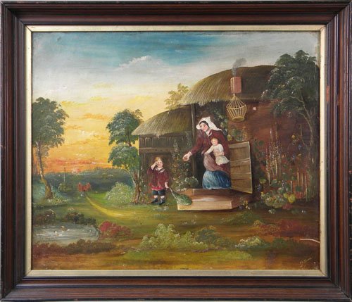 Oil on canvas primitive cottage scene, 19th c., s