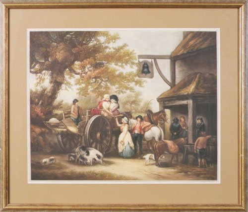 Pair of F. Wheatley color engravings, 13 3/4'' x 1: Pair of F. Wheatley color engravings, 13 3/4'' x 10 3/4'', together with a mezzotint cottage scene, 17 1/4'' x 22''.