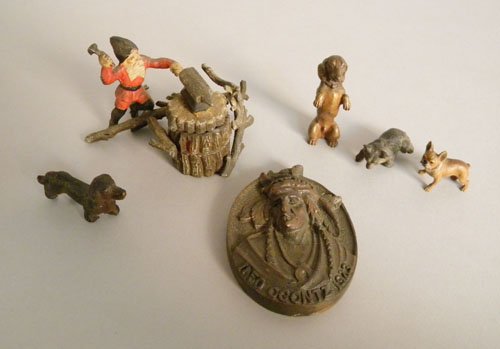 Bronze figural inkwell, together with cold painte