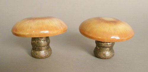 Pair of English silver and enameled mushroom form