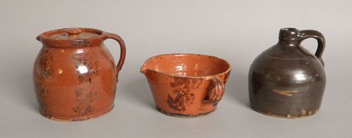 Pennsylvania redware bean pot, 6 1/4'' h., jug 6 1