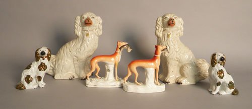 Two pair of Staffordshire spaniels, 7'' h. and 12'