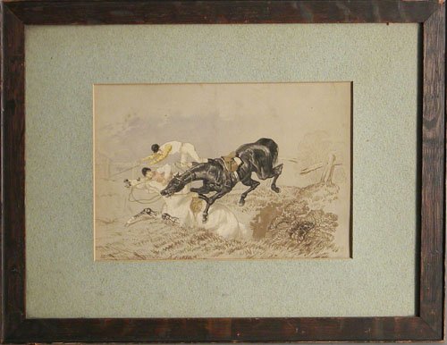 Watercolor horse race scene possibly by Paul Desm: Watercolor horse race scene possibly by Paul Desmond Brown, 7'' x 10 1/4''.
