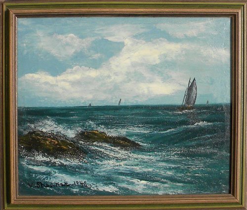 Victor Shearer (American 1872-1951), oil on canva: Victor Shearer (American 1872-1951), oil on canvas seascape dated 1948, 10'' x 12''.
