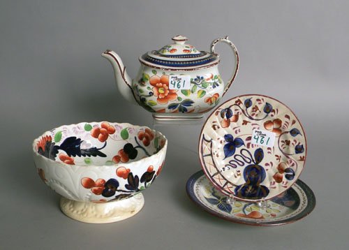 Gaudy Dutch teapot and plate, together with a Gau: Gaudy Dutch teapot and plate, together with a Gaudy Welsh footed bowl and plate.