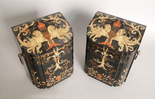 Pair of laquerware boxes, 12 1/2'' h., 10'' l., to: Pair of laquerware boxes, 12 1/2'' h., 10'' l., together with a temple form humidor, 20'' h., 15'' l.