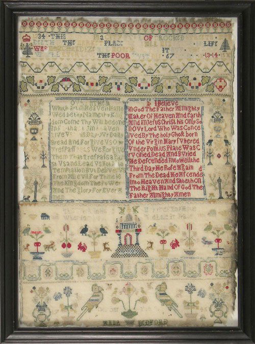English silk on linen sampler, dated 1745, wrough: English silk on linen sampler, dated 1745, wrought by Anna Bedford, 16 1/4'' x 11 1/4''.