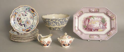 Miscellaneous porcelain to include a transfer pla: Miscellaneous porcelain to include a transfer platter, creamer and sugar, ten ironstone plates, spongeware mixing bowl, and a platter, 15 1/2'' w.