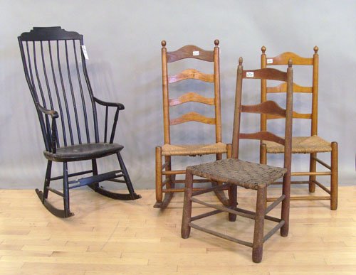 Painted windsor rocker, ca. 1830, together with t: Painted windsor rocker, ca. 1830, together with three ladderback chairs and three Victorian chairs.