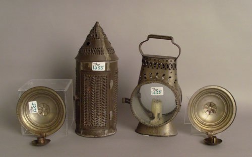 Tin lighting to include two lanterns and a pair o: Tin lighting to include two lanterns and a pair of sconces.