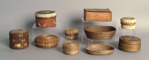 Group of Northeastern birch bark, quill, and swee: Group of Northeastern birch bark, quill, and sweet grass baskets with lidded boxes, ten pieces.