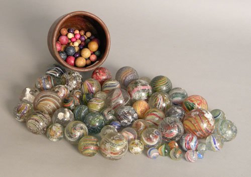 Large group of early glass marbles, together with: Large group of early glass marbles, together with a redware crock with clay marbles (poor condition).