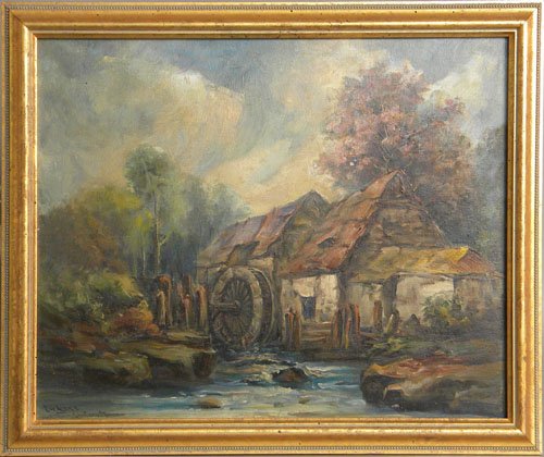 Oil on board landscape with grist mill, signed E: Oil on board landscape with grist mill, signed Eugene LaFuret, 16'' x 20''.