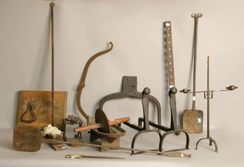 Miscellaneous metalware to include andirons, cand: Miscellaneous metalware to include andirons, candlestand, etc.