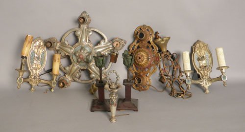 Pair of Rob Electric car lights, together with a : Pair of Rob Electric car lights, together with a chandelier.