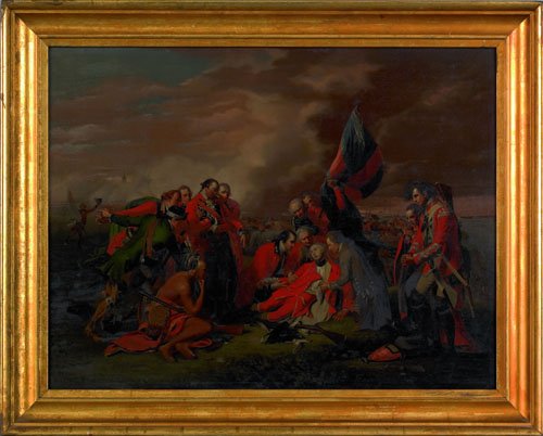 After Benjamin West (American, 1738-1820) well e: After Benjamin West (American, 1738-1820) well executed period rendition of West's iconic Death of General Wolfe, oil on mahogany panel, 19 3/4'' x 27 1/4''. Analysis by Winterthur Museum dates this p