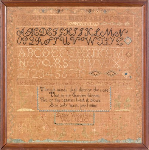 Pennsylvania silk on linen sampler dated 1820, : Pennsylvania silk on linen sampler dated 1820, wrought by Esther Vanderslice, 17'' x 17''.