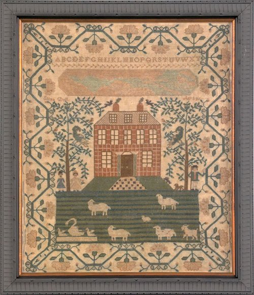 English silk on linen sampler wrought by Eliza D: English silk on linen sampler wrought by Eliza Dell, ca. 1800, with a large central home with animals grazing in the yard within an elaborate vine border, 15'' x 12 1/4''.
