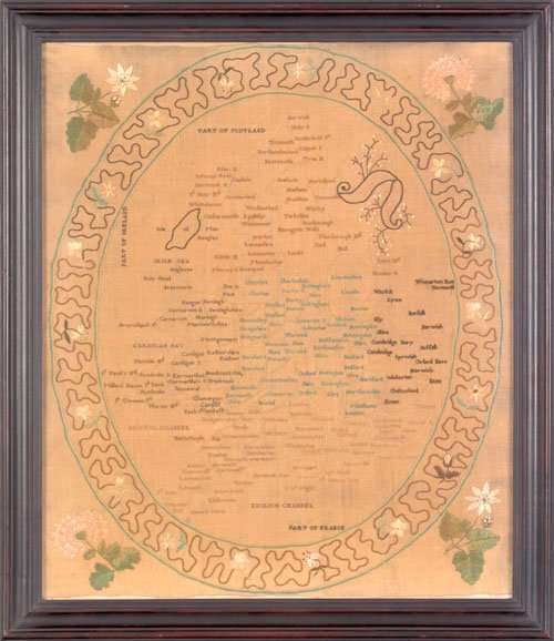 English silk on silk map sampler of Great Britai: English silk on silk map sampler of Great Britain dated 1791, initialed EL, 20 1/2'' x 17 1/4''.