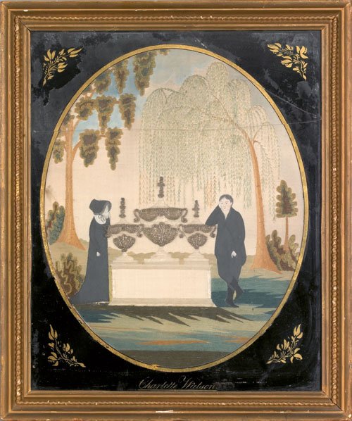 New England silk, paint, and chenille on silk ne: New England silk, paint, and chenille on silk needlework memorial, early 19th c., wrought by Charlotte Watson, 18 1/2'' x 14 1/2''.