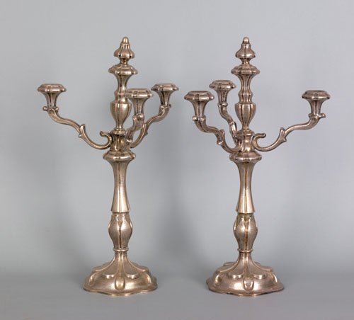 Pair of Austrian silver three arm candelabra, mi: Pair of Austrian silver three arm candelabra, mid 19th c., 23 1/2'' h., 85 ozt.