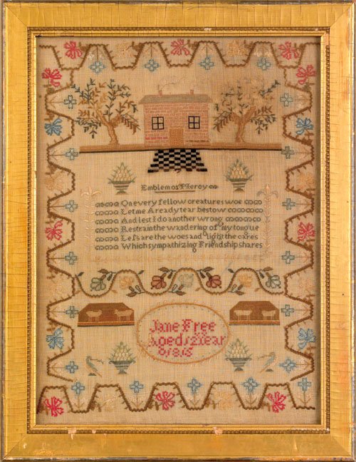 English silk on linen sampler dated 1815 wrought: English silk on linen sampler dated 1815 wrought by Jane Free, 16'' x 12 1/2''.