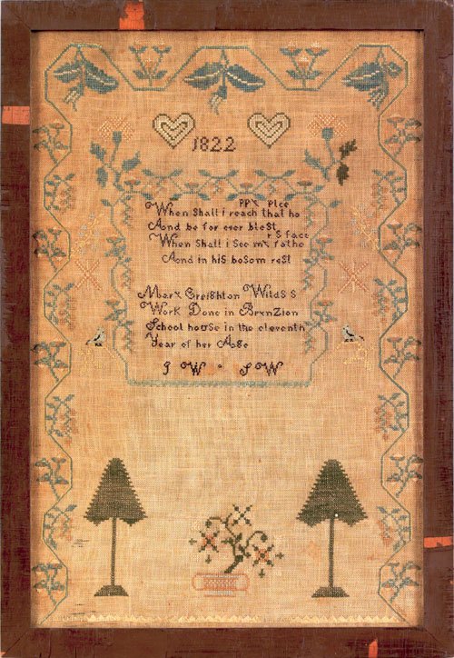 Pennsylvania silk on linen sampler dated 1822, : Pennsylvania silk on linen sampler dated 1822, wrought by Mary Creighton Wilds in Bern Zion school house, 19'' x 12 1/2''.