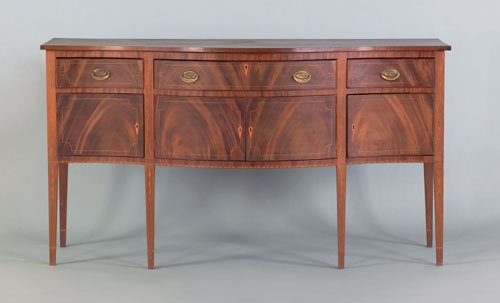 Mid Atlantic Hepplewhite mahogany serpentine fro: Mid Atlantic Hepplewhite mahogany serpentine front sideboard, ca. 1800, with vine and bellflower chain inlays, 39 1/2'' h., 72'' w.