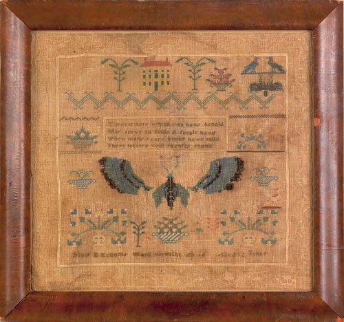 Midwest silk on linen sampler wrought by Mary E.: Midwest silk on linen sampler wrought by Mary E. Kellum, early 19th c., with large central butterfly, 16 1/4'' x 17 1/2''.